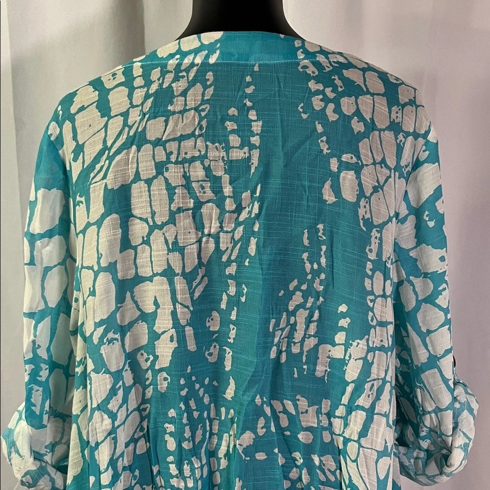 Pleasant Shade Teal & White Printed Roll-Tab Sleeve Tunic Style Swim Coverup